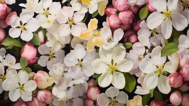 a close-up image of apple and pear blossoms in full bloom