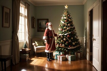 santa claus by christmas tree with gifts