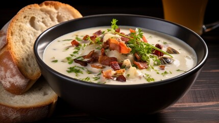 a close-up shot of a comforting bowl of clam chowder with chunks of clams and crispy bacon - obrazy, fototapety, plakaty