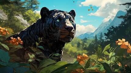 Illustration of black panther in the jungle. Head portrait side profile view.