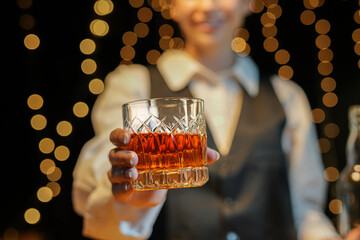 Bartender Serve Whiskey, on wood bar, 