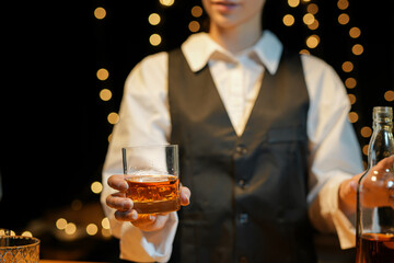 Bartender Serve Whiskey, on wood bar, 