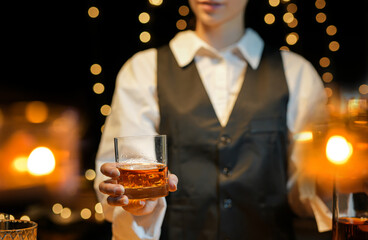Bartender Serve Whiskey, on wood bar,