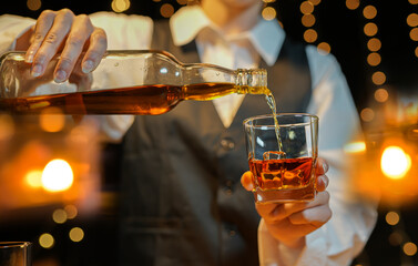 Bartender Serve Whiskey, on wood bar, 