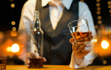Bartender Serve Whiskey, on wood bar, 