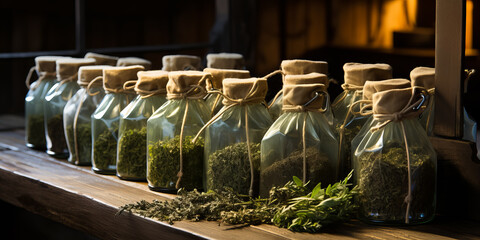 assortment of medical marihuana herbs on shop shelves - obrazy, fototapety, plakaty