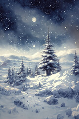paysage enneigé de nuit au clair de lune. La neige recouvre le paysage et les sapins, la pleine lune éclaire le ciel et la blancheur des montagnes. Hiver, ski, station de ski