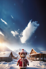 Ourson en peluche habillé avec un manteau et un bonnet,  aux sports d'hiver, ski, luge et randonnée en raquette. Hiver à la montagne dans une station enneigée.