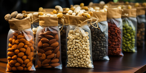 assortment of nuts in transparent packaging on the shop shelf - obrazy, fototapety, plakaty