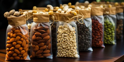 Fotobehang assortment of nuts in transparent packaging on the shop shelf © zamuruev
