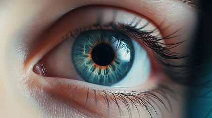 Fototapeta na wymiar close-up portrait of a female blue eye, AI generated, background image