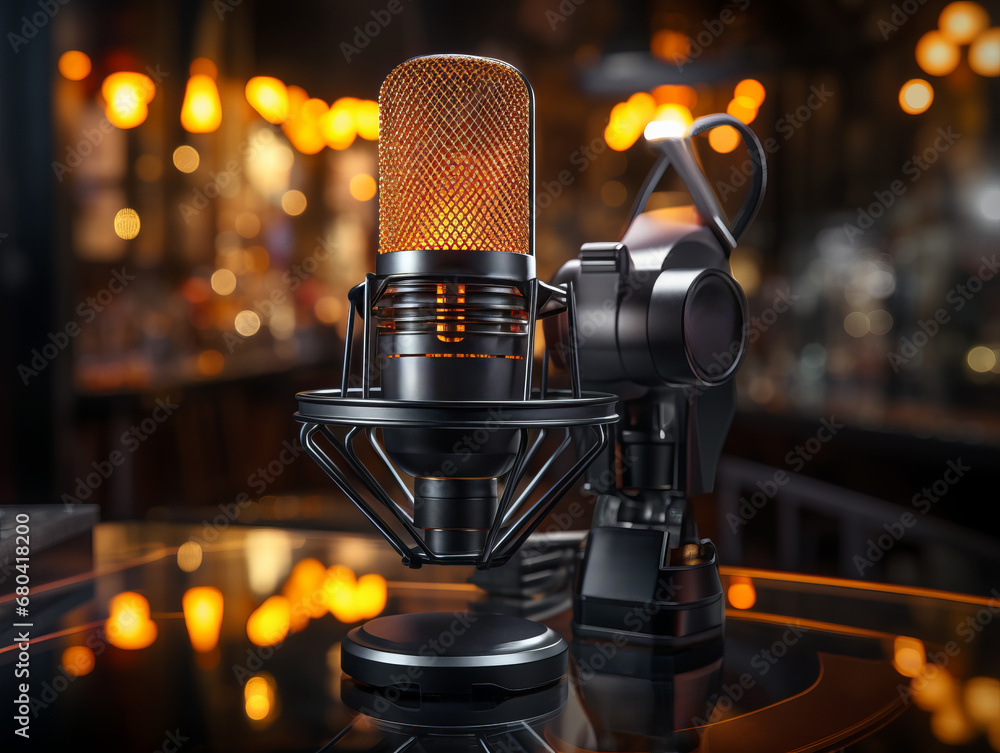 Poster vintage style microphone on a glass surface with soft lighting. generative ai