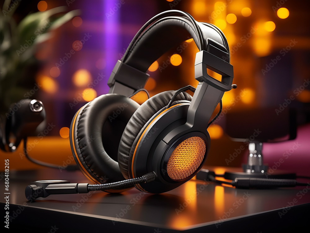 Poster professional headphones on a desk with bokeh lights. generative ai
