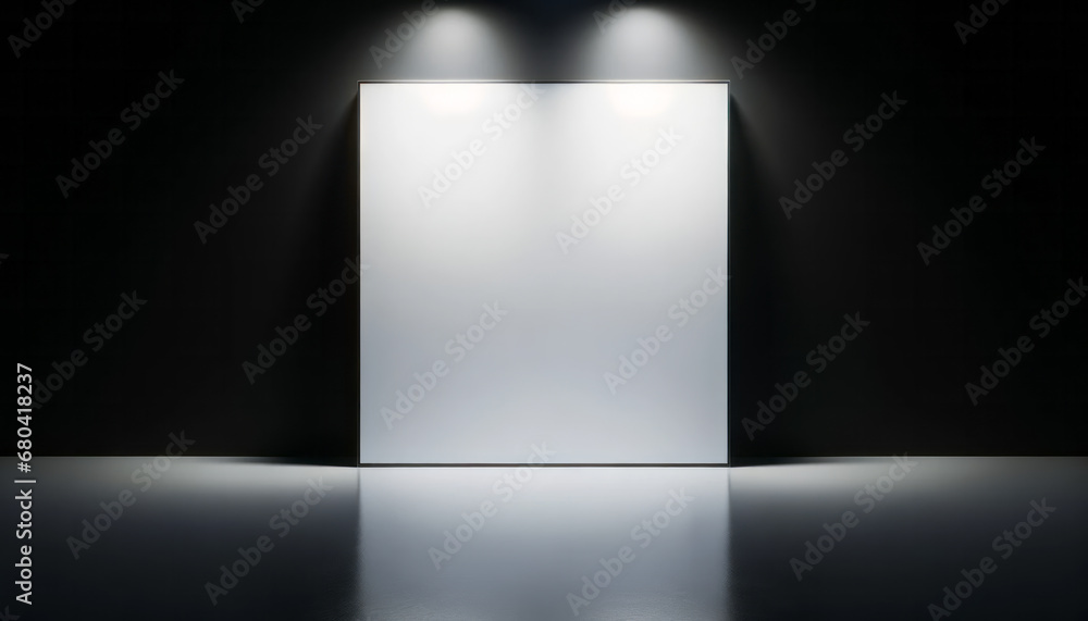 Poster spotlight on blank gallery display with dark ambient lighting. exhibition concept. generative ai