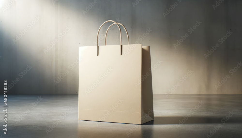 Poster simple shopping bag on a bright studio floor, accentuating clean design. branding and simplicity con