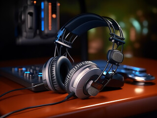Fototapeta na wymiar Studio headphones on orange surface with equipment in background. Generative AI