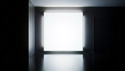 Minimalist gallery corner showcasing a large, illuminated display panel. Generative AI
