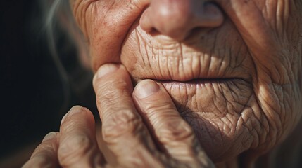 close-up portrait of an old woman hand, AI generated, background image - obrazy, fototapety, plakaty
