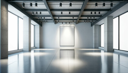 Spacious art gallery with large white framed poster under ceiling lights. Modern exhibition space. Generative AI