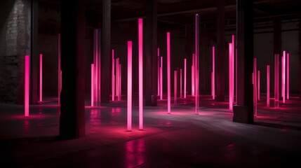 Iconic Industrial Elegance: Dark Room with Pink Lights, Columns and Totems in Post-Modernist Installation Style. Redshift Influence, Cloudcore Aesthetics, Vibrant and Iconic