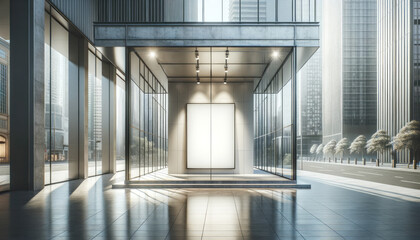 Minimalist storefront with mockup display on sunlit city street. Fashion and elegance concept. Generative AI