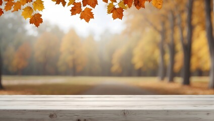 Naklejka na ściany i meble empty white wooden table,blurred autumn background