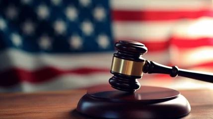 Fotobehang close-up portrait of judge's gavel with american flag background,  AI generated, background image © Hifzhan Graphics