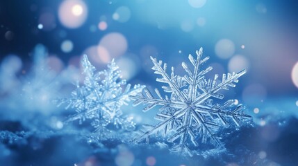 close-up portrait of Snowflakes against winter night background, AI generated, background image