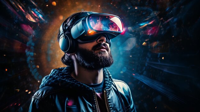 A techsavvy individual is immersed in a futuristic virtual reality experience, wearing VR goggles surrounded by interactive 3D holograms, showcasing the cuttingedge of immersive technology.