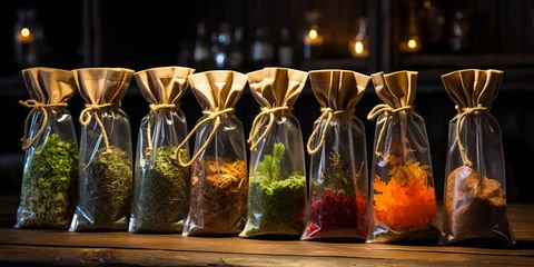 Schilderijen op glas assortment of tea, spices and herbs on shop shelves. sale in grocery market © zamuruev