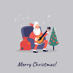 Funny Santa Claus playing on guitar flat icon , santa playing ukulele, ready for print, Santa claus with acoustic guitar singing Christmas carols for merry christmas card