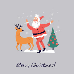 Set of cute funny Santa Claus in glasses celebrating Christmas and New Year. Happy Santa with bag and presents, skiing and having fun. Santa using a notebook. Modern Santa Claus. Flat illustration
