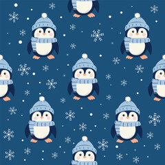 
Christmas seamless pattern with cute cartoon penguins and and snowflakes. Can be used for fabric, wrapping paper, scrapbooking, textile, poster, banner and other christmas design. Flat style.