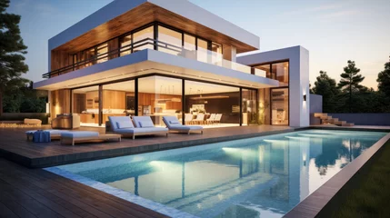 Foto op Canvas Modern villa with pool and deck with interior © Olga