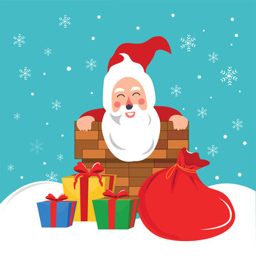 Santa Claus with a huge bag on the run to delivery christmas gifts at snow fall. Christmas carols for merry christmas card