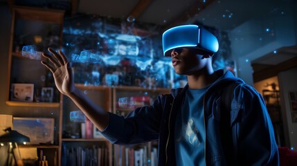 A person immersed in a futuristic learning experience using VR glasses, surrounded by interactive holograms, symbolizing cuttingedge virtual reality technology for enhanced education and study.