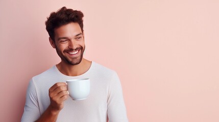 Portrait of a white male holding a cup of hot coffee against pastel background with space for text, AI generated, background image - obrazy, fototapety, plakaty