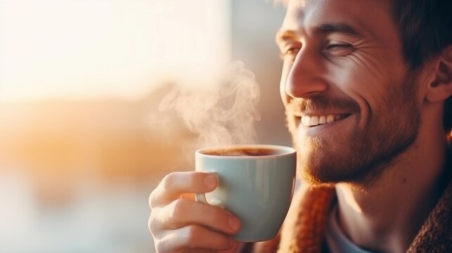 Portrait of a white male drinking hot coffee against morning vibes background with space for text, AI generated, background image