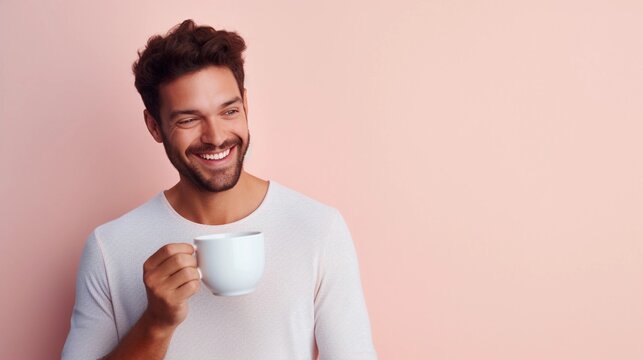Portrait of a white male holding a cup of hot coffee against pastel background with space for text, AI generated, background image