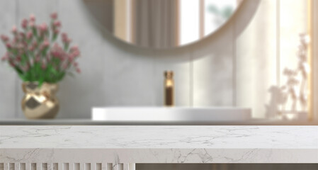 White empty marble counter top table with bathroom counter, wash basin, mirror and flower in...