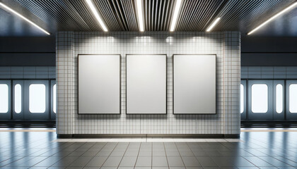 Empty underground station with three blank white posters on the wall, mockup. Generative AI