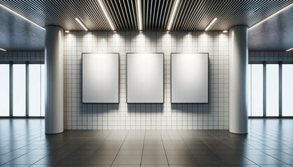 Three blank white posters on a wall in underground passage, mockup. Generative AI