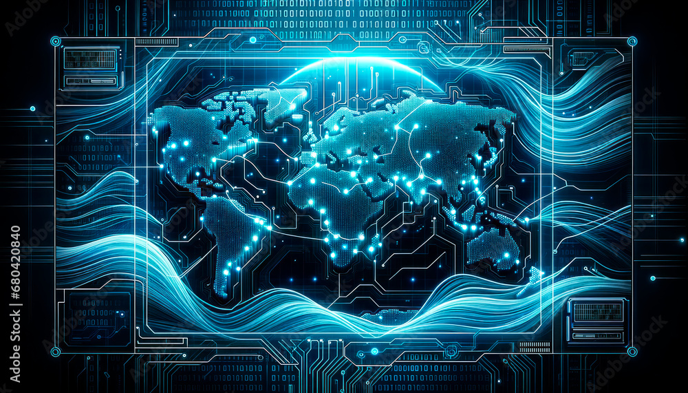 Aufkleber Digital world map with circuit lines on blue background. Technology infrastructure concept. Generative AI