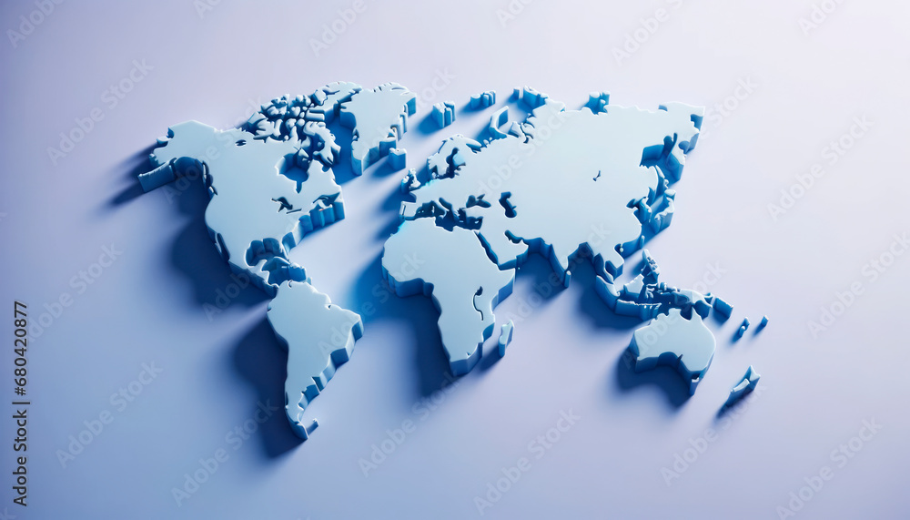 Poster Layered 3D world map in varying shades of blue, casting soft shadows. Digital cartography concept. Generative AI
