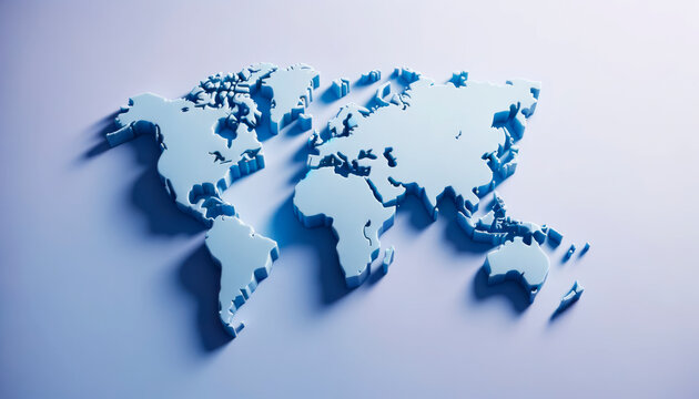 Fototapeta Layered 3D world map in varying shades of blue, casting soft shadows. Digital cartography concept. Generative AI