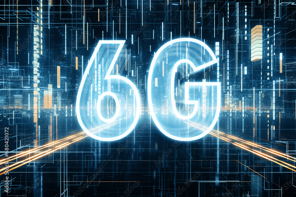 Aufkleber Futuristic 6G network concept with glowing icon on digital cyberspace background. Communication technology. Generative AI