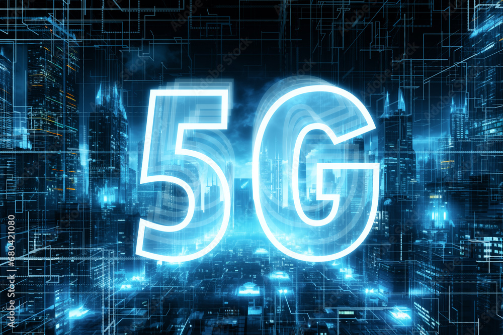 Poster Illuminated 5G symbol representing next-generation network on a high-tech cityscape. Connectivity and innovation concept. Generative AI