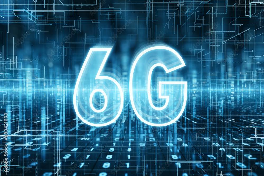 Poster 6g neon sign over a digital network grid, showcasing futuristic high-speed internet technology. gene