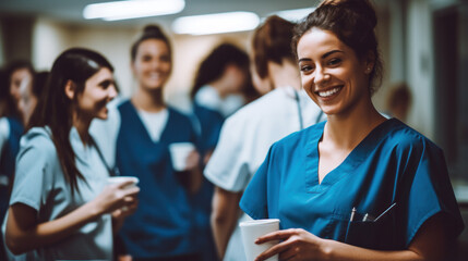 Female doctors drinking coffee while with colleagues in the background