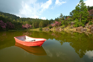 Beautiful scenery of a fishing boat on a lake with a reflection in the water